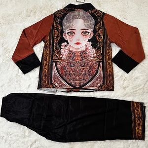 Cartoons printed woman’s silks pajamas sets